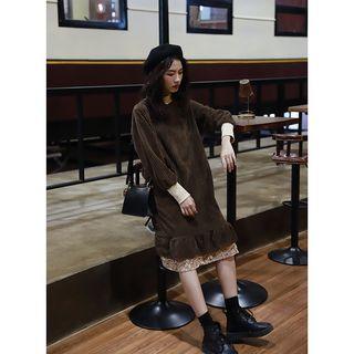 Long-sleeve Lace-panel Midi Velvet Dress