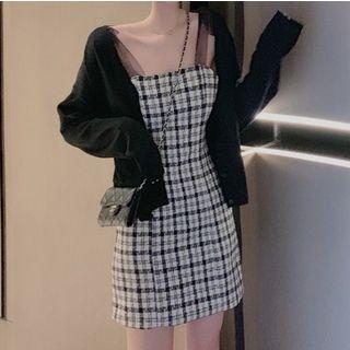 Plain Cardigan / Plaid Spaghetti Strap Mini A-line Dress