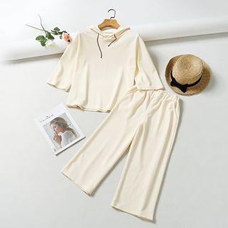 Set: Drawstring 3/4-sleeve T-shirt + Cropped Wide-leg Pants