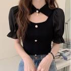 Cut-out Button-up Puff-sleeve Top