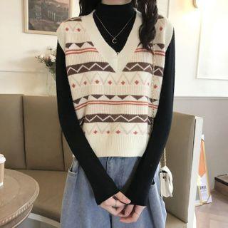 Long-sleeve Mock-neck Knit Top / Patterned Knit Vest