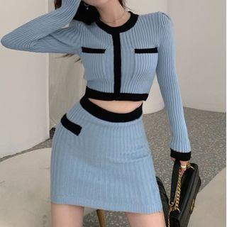 Contrast Trim Ribbed Knit Top / Knit Skirt