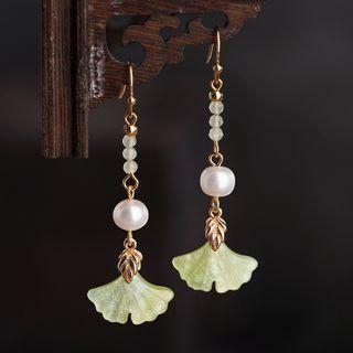 Leaf Faux Cat Eye Stone Freshwater Pearl Dangle Earring