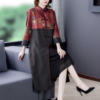 3/4-sleeve Floral Frog Button Long Jacket