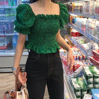 Puff-sleeve Ruffle Trim Shirred Blouse Green - One Size