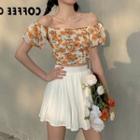 Cold Shoulder Floral Short-sleeve Top / A-line Skirt