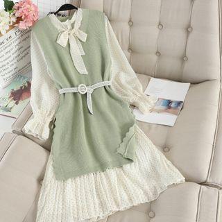Set: Puff-sleeve Dotted Midi A-line Dress + Ribbed Knit Vest