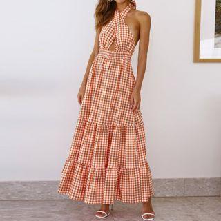 Halter Gingham Maxi A-line Dress