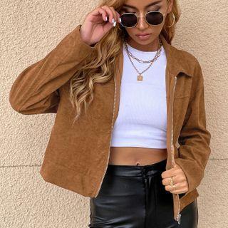 Long-sleeve Plain Collar Zip-up Jacket