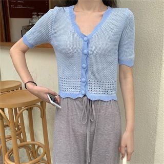 Short-sleeve Contrast Trim Frill Trim Pointelle Cardigan