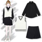 Plain Shirt / Striped Knit Vest / A-line Skirt