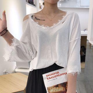 Lace Trim Ripped 3/4-sleeve T-shirt