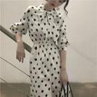 Dotted 3/4-sleeve Tie-neck A-line Midi Dress As Shown In Figure - One Size
