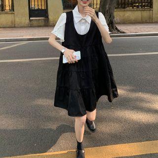 Ruffled Short-sleeve Shirt / Mini A-line Overall Dress