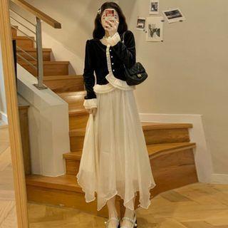 Asymmetrical Mesh Midi A-line Skirt / Ruffled Hem Velvet Blouse