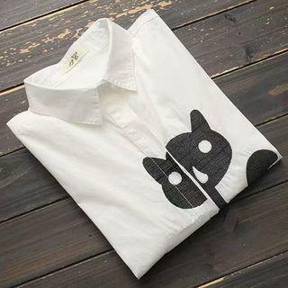 Cat Print Long Shirt White - One Size