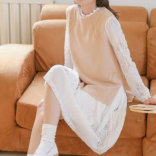 Set: Lace Long-sleeve Dress + Pointelle Knitted Vest