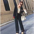 Set: Contrast-trim Heart Print Cardigan + Cropped Knit Wide-leg Pants Black - One Size