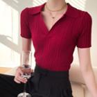 Short Sleeve V-neck Ribbed Knit Polo Shirt