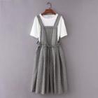 Set: Plain Short Sleeve T-shirt + Plaid Pinafore Playsuit