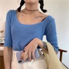 Elbow-sleeve Scoop-neck Knit Cropped Top