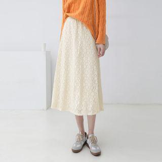 Lace Midi A-line Skirt Milky Beige - One Size
