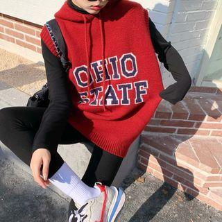Lettering Hooded Sweater Vest / Turtleneck Plain T-shirt / Striped Leggings