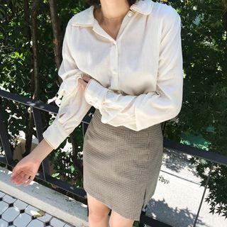 Bishop-sleeve Covered-button Blouse Light Beige - One Size