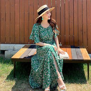 Flutter-sleeve Buttoned Maxi Floral Dress