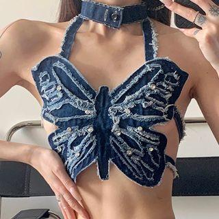 Halter Butterfly Denim Crop Top