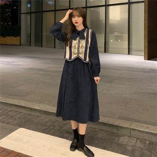 Puff-sleeve Midi A-line Dress / Floral Embroidered Vest