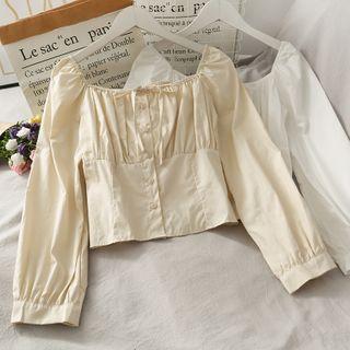 Boatneck Ribbon-front Crop Blouse