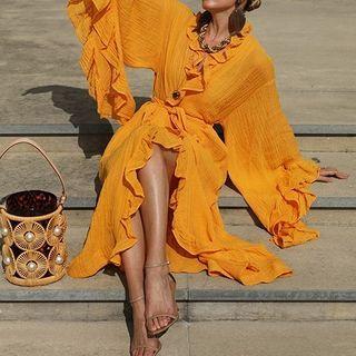 Flared-sleeve Ruffle Midi Shift Dress