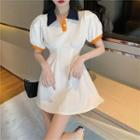 Contrast Color Puff-sleeve Mini A-line Polo Dress