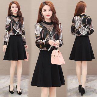 Front-zip Printed Long-sleeve Mini A-line Dress