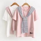 Cat Embroidered Striped Panel Short Sleeve T-shirt