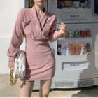 Puff-sleeve Ribbed Sheath Dress