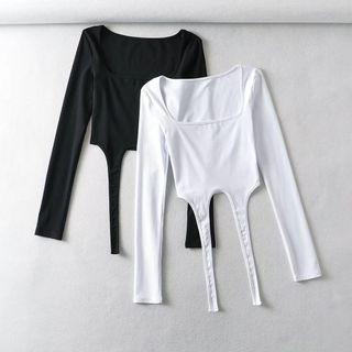 Long-sleeve Square Neck Asymmetrical T-shirt