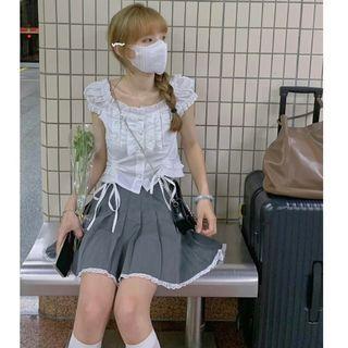 Short-sleeve Frill Trim Drawstring Blouse / Mini A-line Skirt