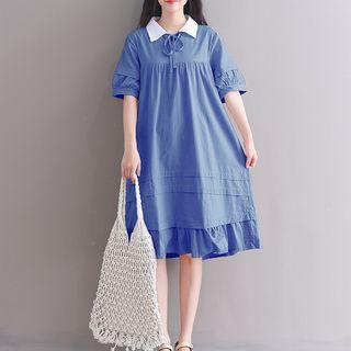 Lace-up Short-sleeve Collared Dress