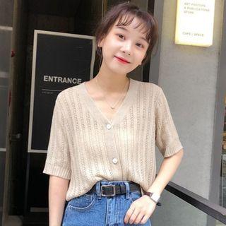 Short-sleeve V-neck Knit Top Almond - One Size