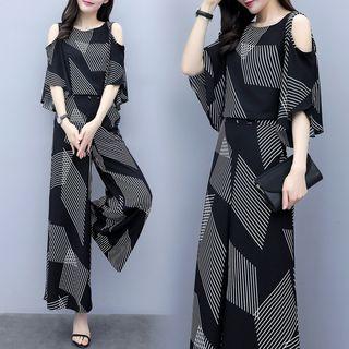 Set: Elbow-sleeve Pattern Top + Wide-leg Pants