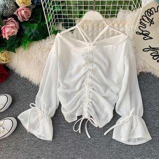 Bell-sleeve Drawstring Chiffon Top