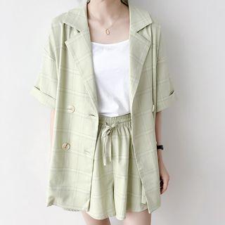 Set: Plaid Double-breasted Elbow-sleeve Blouse + Shorts