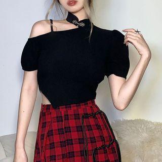 Short-sleeve Qipao-collar Cut-out Plain Top