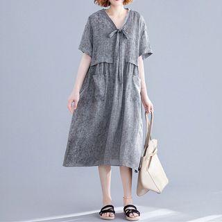 Short-sleeve Linen Midi Dress Gray - One Size