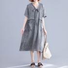 Short-sleeve Linen Midi Dress Gray - One Size