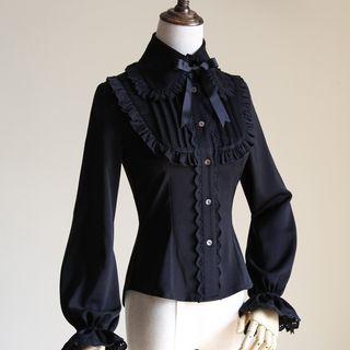 Long-sleeve Pintuck Ruffled Dress