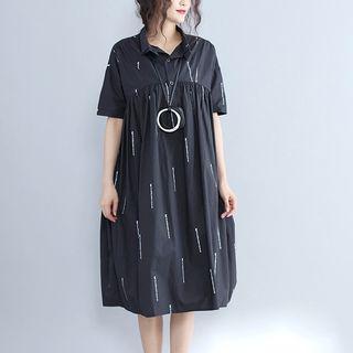 Printed Elbow Sleeve Midi Shirt Dress