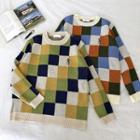 Color-block Plaid Embroidered Crewneck Long-sleeve Sweater